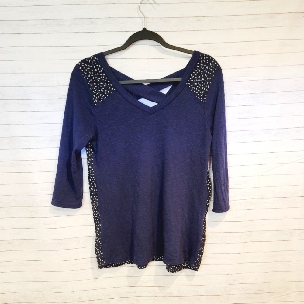 KAILEIGH MIXED MEDIA LONG SLEEVE NAVY SHIRT, SZ SMALL